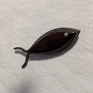 Vintage Mexican Wood and Silver Modern Pin FISH Aztec or Mayan Design Taxco 925